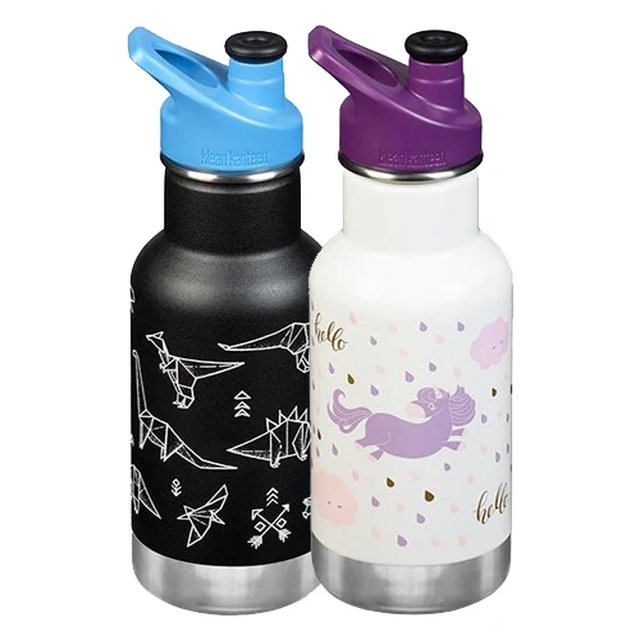 Klean Kanteen 12oz Kid's Classic insulated bottles, dino and unicorn prints