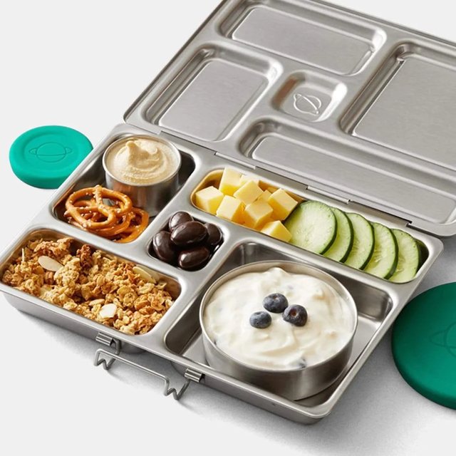 PlanetBox Rover stainless bento lunch box packed with lunch